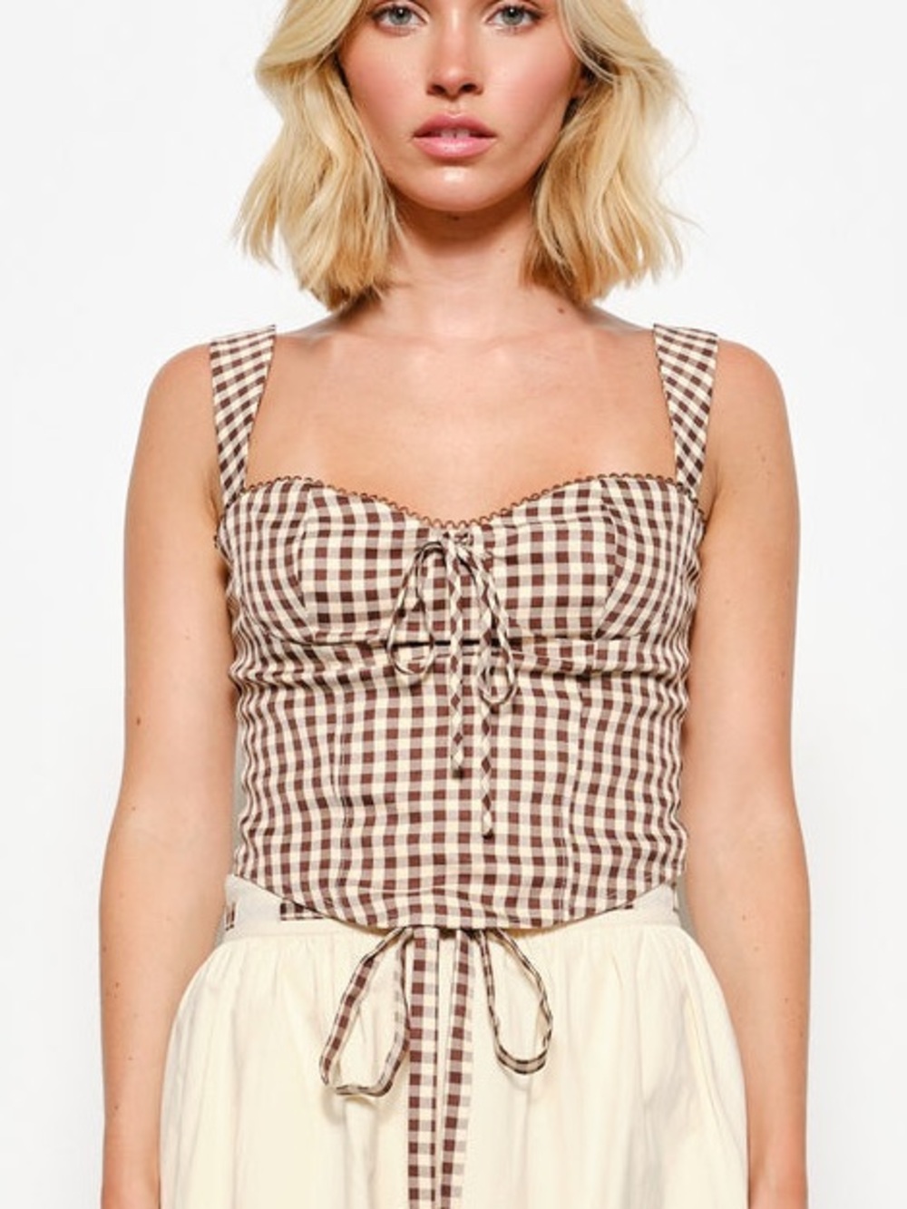 PRETTY GARBAGE RORY GINGHAM BUSTIER TOP Tie-Front Cropped Tank-brown